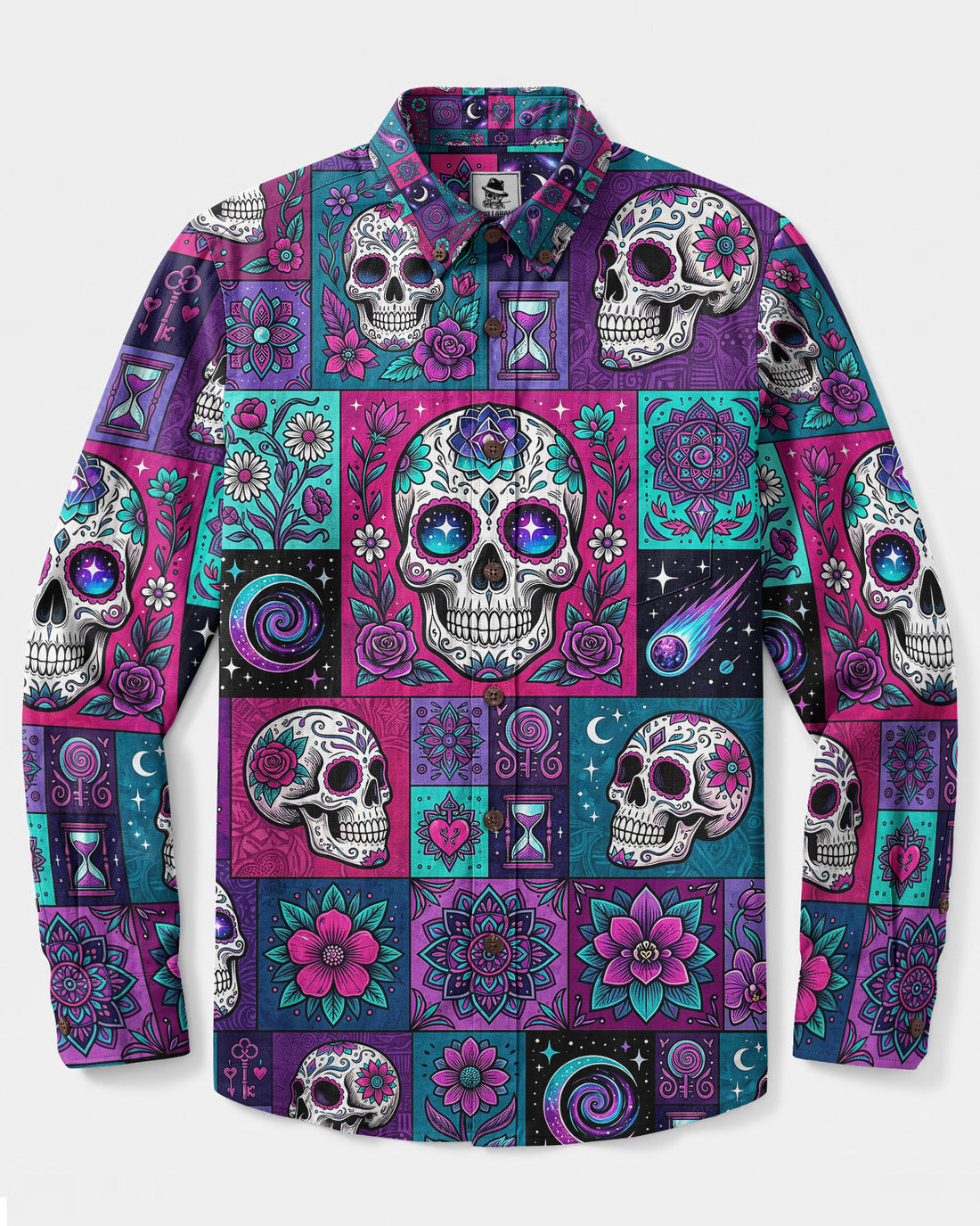 MYSTIC SUGAR SKULL FLORAL PATCHWORK LONG SLEEVE BUTTON-DOWN SHIRT - TYLN28082612