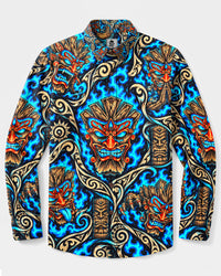 TIKI DEMON TRIBAL PATCHWORK LONG SLEEVE BUTTON-DOWN SHIRT - YHLN2309267