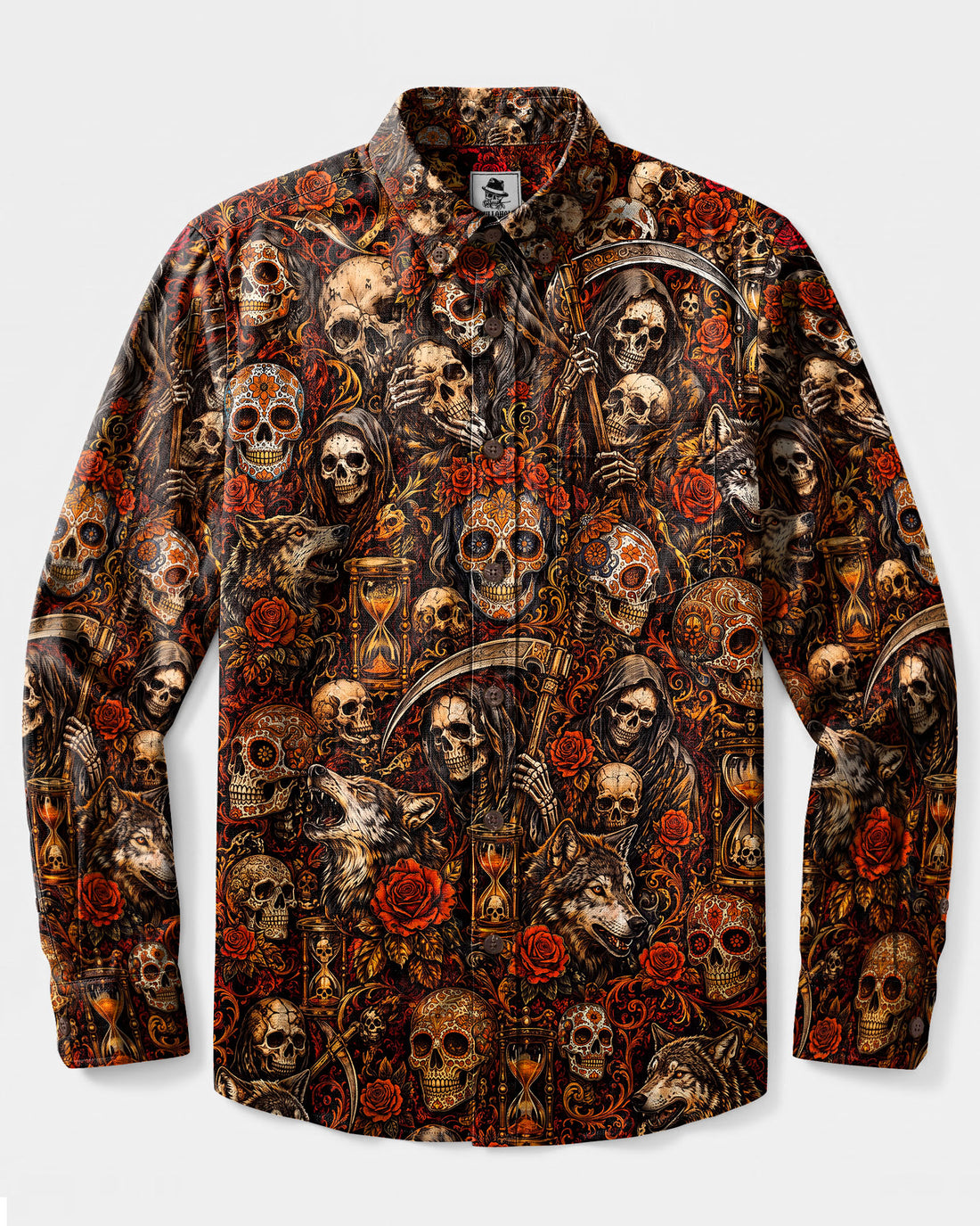 GOTHIC SKULL MEMENTO MORI LONG SLEEVE BUTTON-DOWN SHIRT  - TLTW2108263