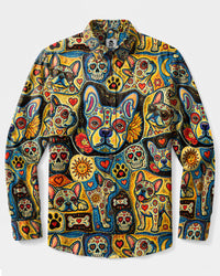 DIA DE LOS MUERTOS BULLDOG FOLK ART LONG SLEEVE BUTTON-DOWN SHIRT - TLTW1909269