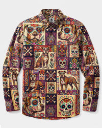 TRIBAL PITBULL DOG PATCHWORK LONG SLEEVE BUTTON-DOWN SHIRT  - TLTW0809266