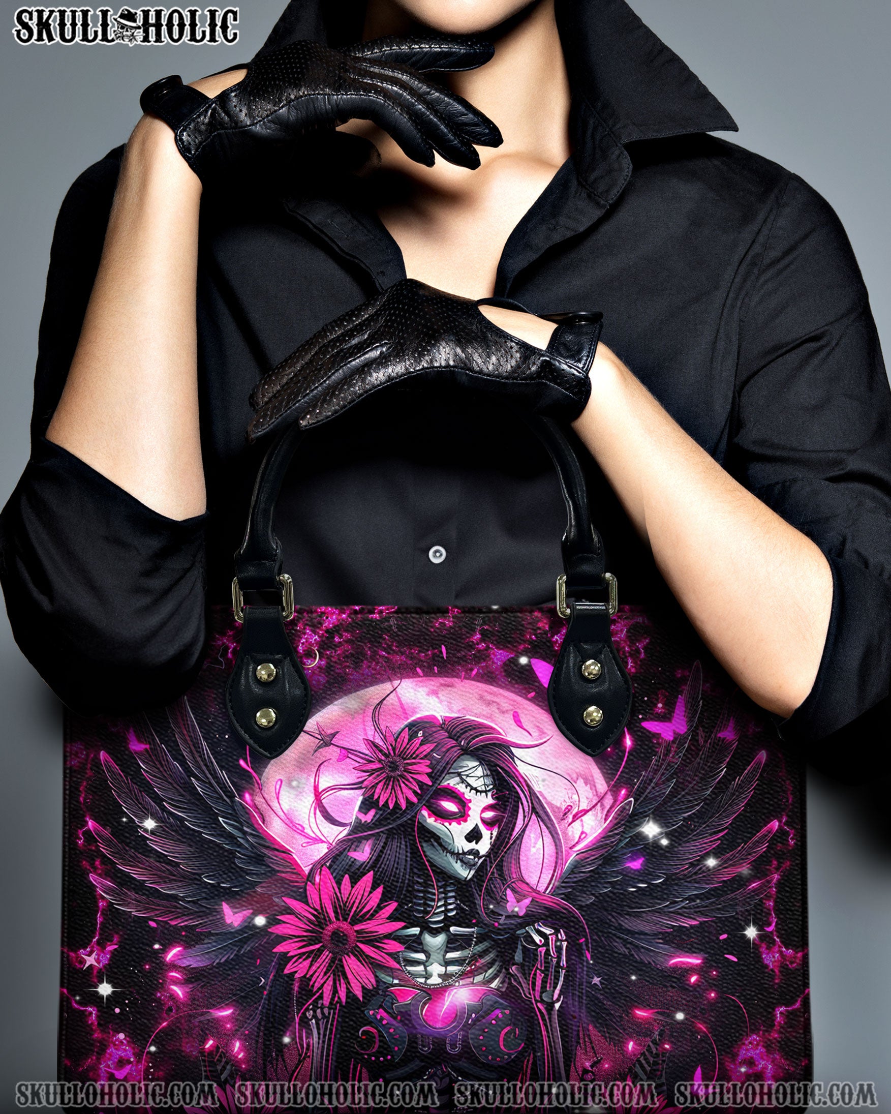 PINK BLACK SKULL LADY LEATHER HANDBAG - YHDU1410244