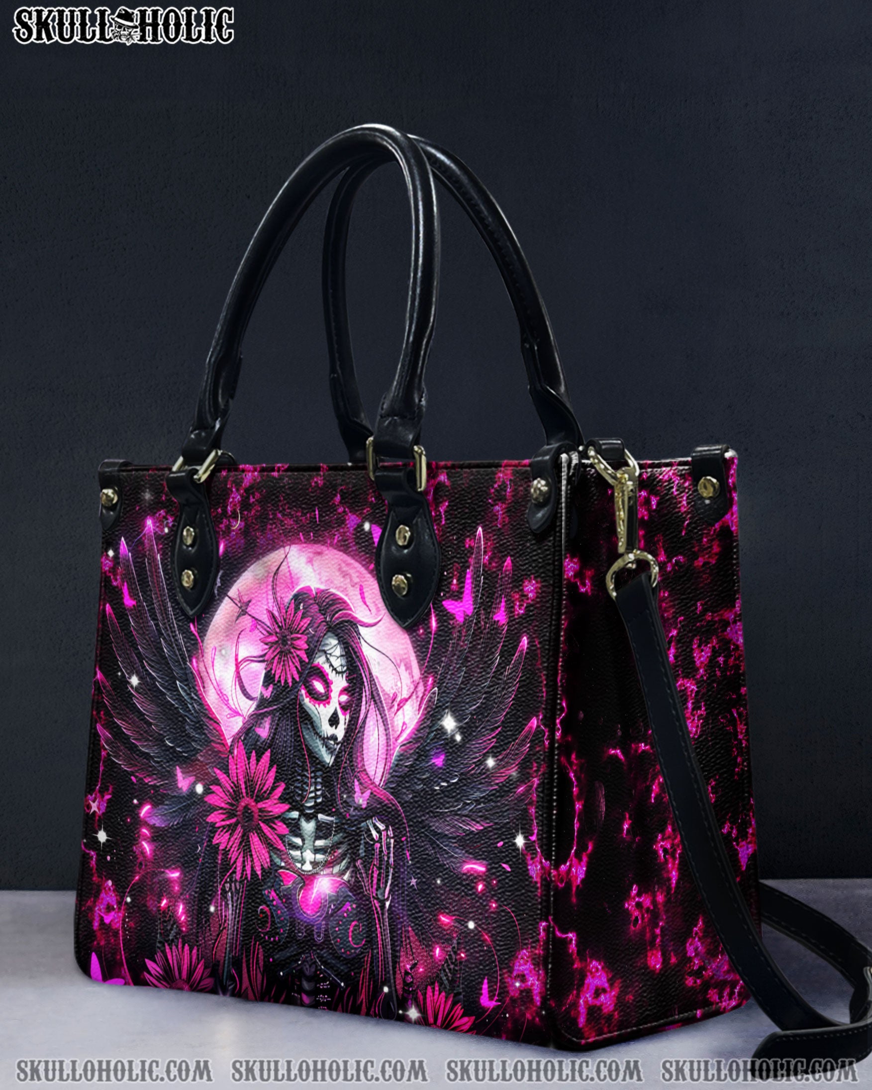 PINK BLACK SKULL LADY LEATHER HANDBAG - YHDU1410244