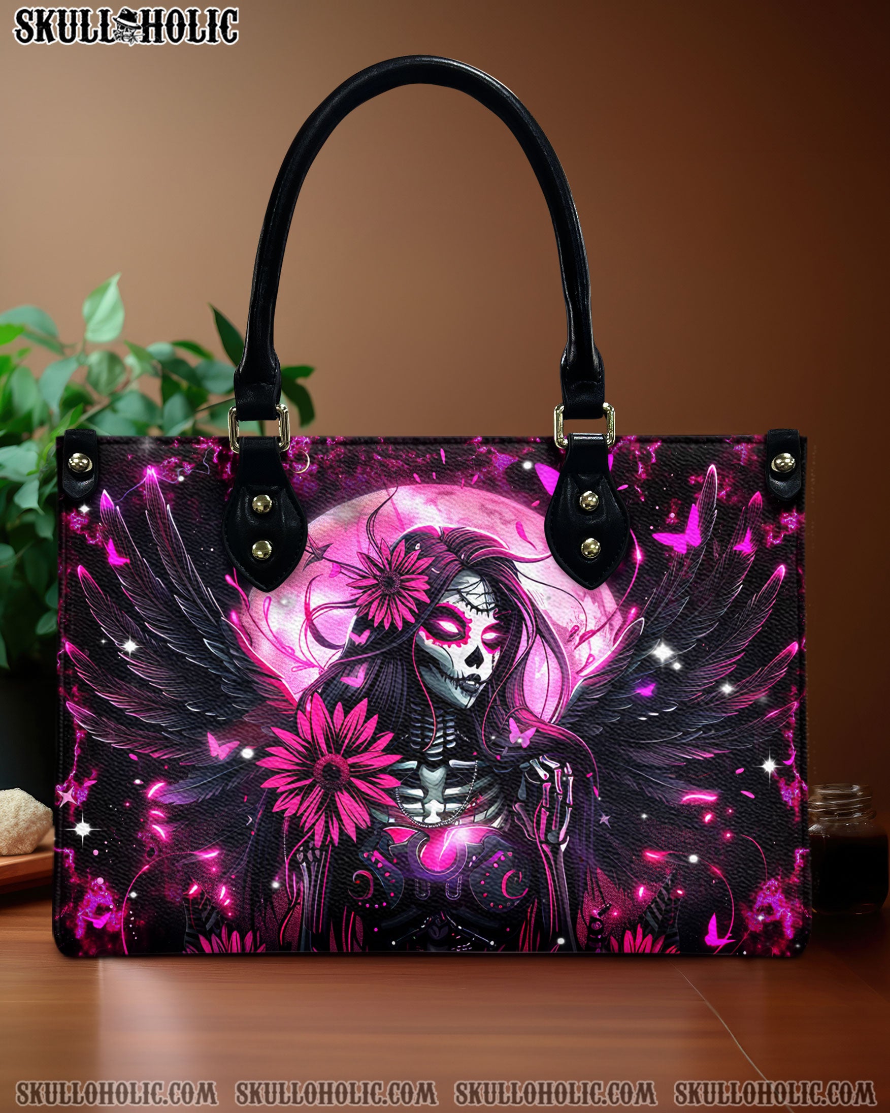 PINK BLACK SKULL LADY LEATHER HANDBAG - YHDU1410244