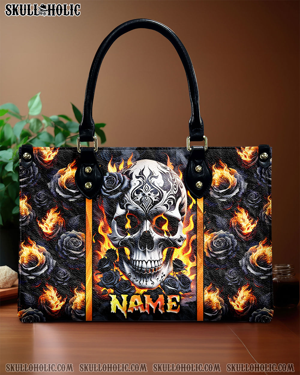 SKULL FIRE BLACK ROSE LEATHER HANDBAG - TLNZ2506245