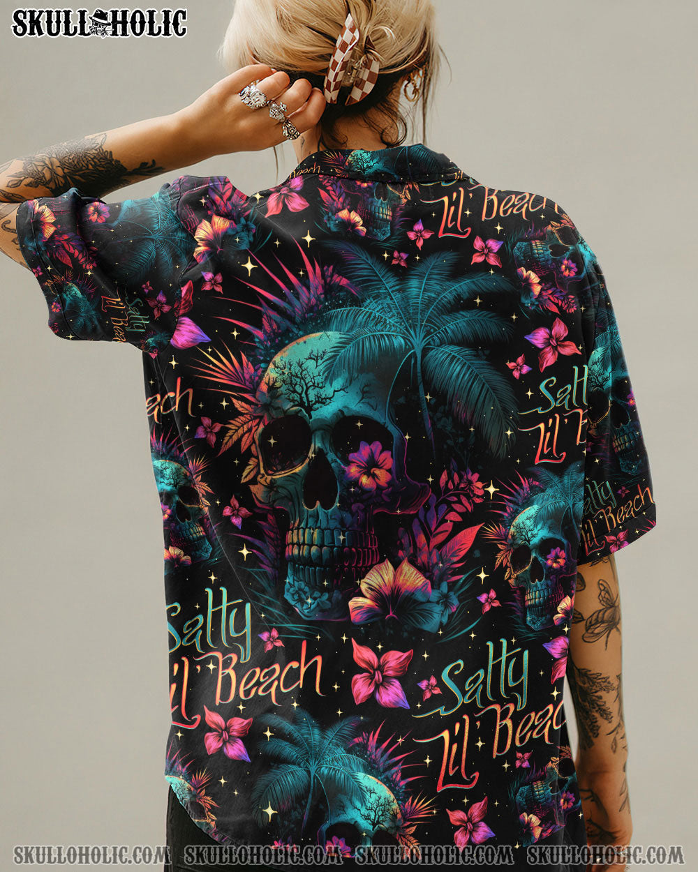 SALTY LIL' BEACH SKULL PALM TREE HAWAIIAN SHIRT - TLNO1005233