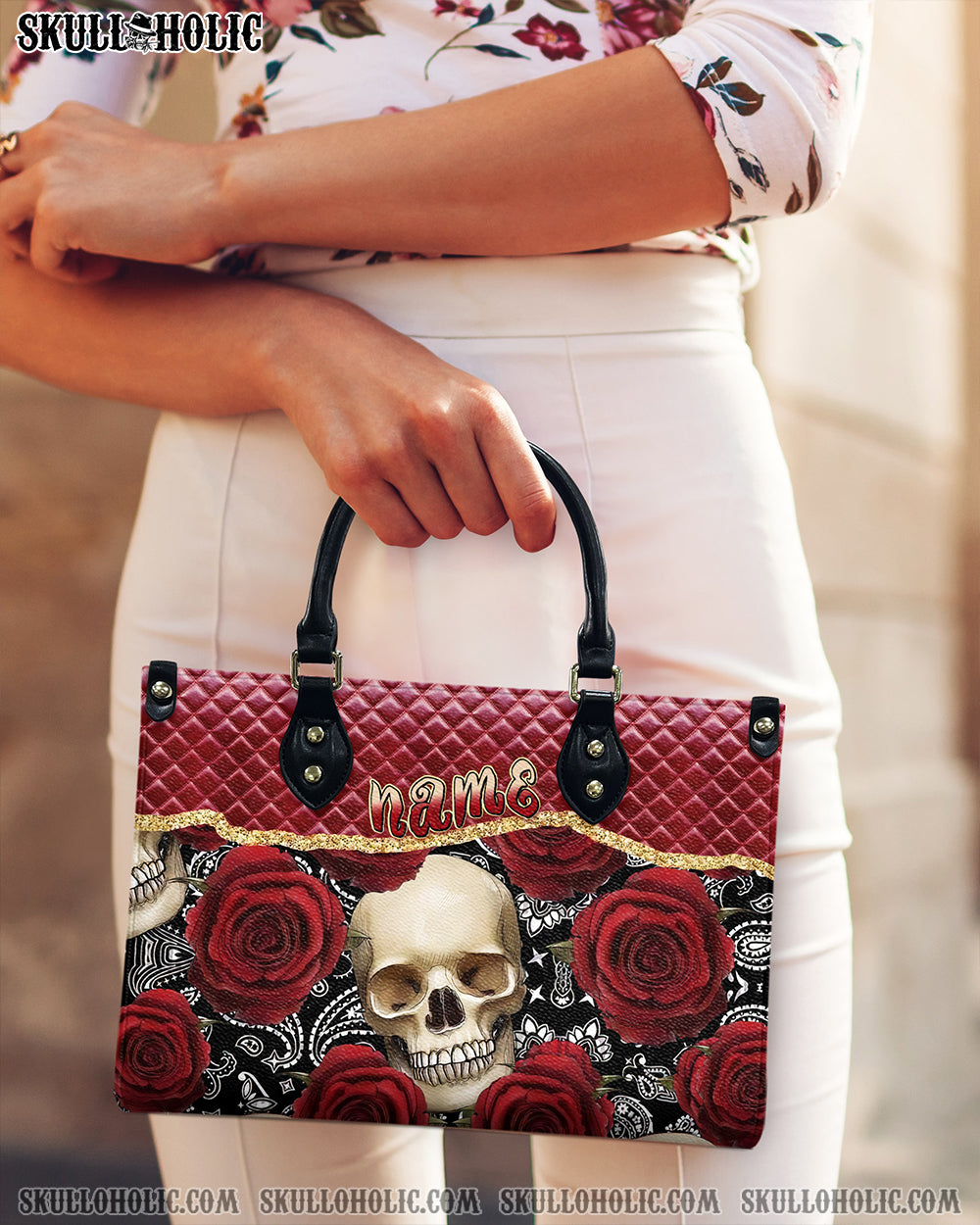 RED ROSE SKULL LEATHER HANDBAG - TLPQ2908242