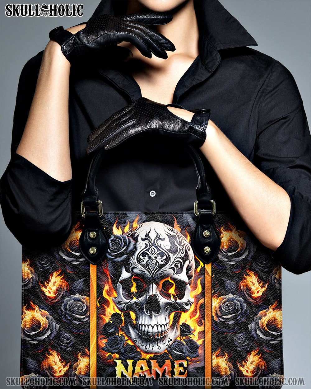 SKULL FIRE BLACK ROSE LEATHER HANDBAG - TLNZ2506245