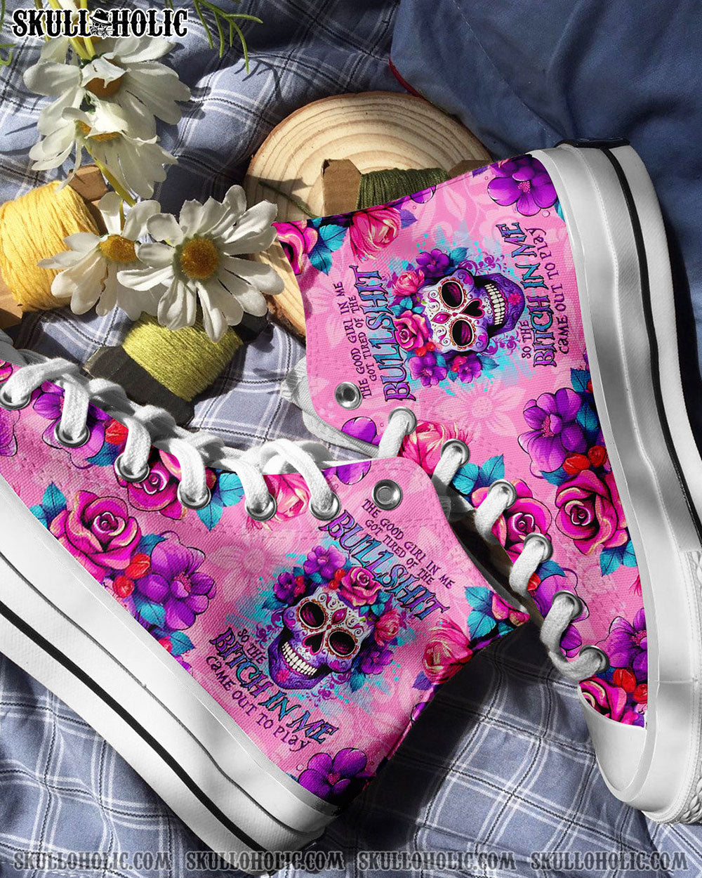 THE GOOD GIRL IN ME SUGAR SKULL HIGH TOP CANVAS SHOES - TLNO2410234