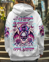 SHE WEARS STRENGTH AND DARKNESS SKULL MESSY BUN  ALL OVER PRINT - TLTW3110241