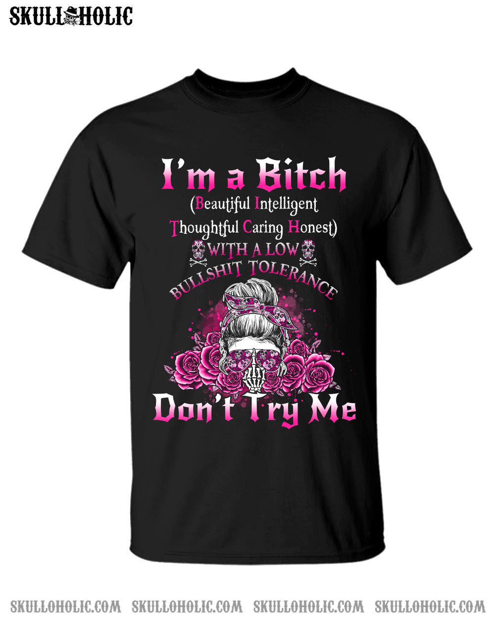 I'M A B DON'T TRY ME ROSE MESSY BUN BLACK COTTON SHIRT - TLNO0905235