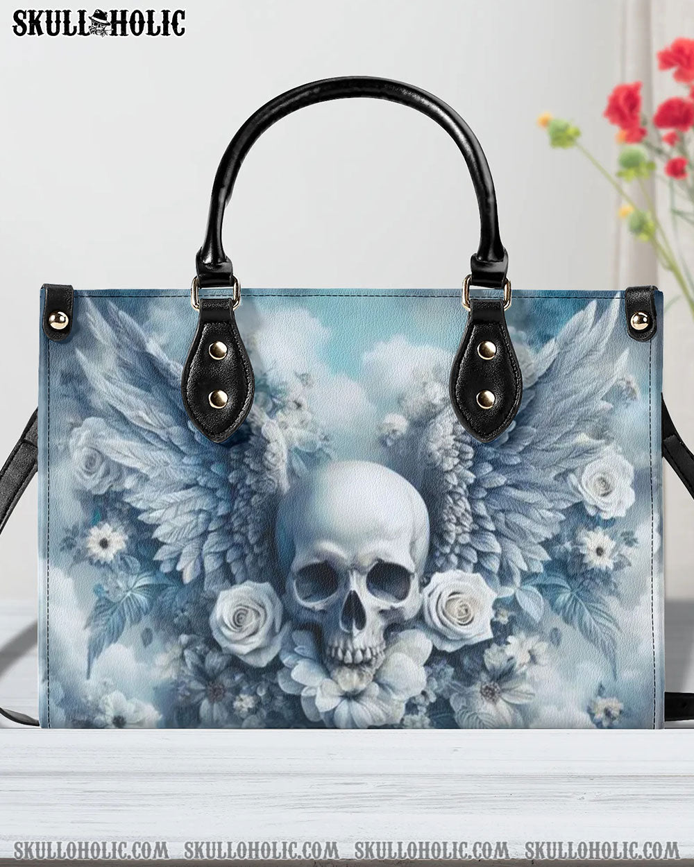 SKULL WITH WINGS AND ROSES LEATHER HANDBAG - YHHN2309244