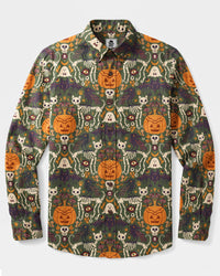 GOTHIC OLIVE SKELETON CAT AND RAVEN HALLOWEEN LONG SLEEVE BUTTON-DOWN SHIRT - TYQY2509264