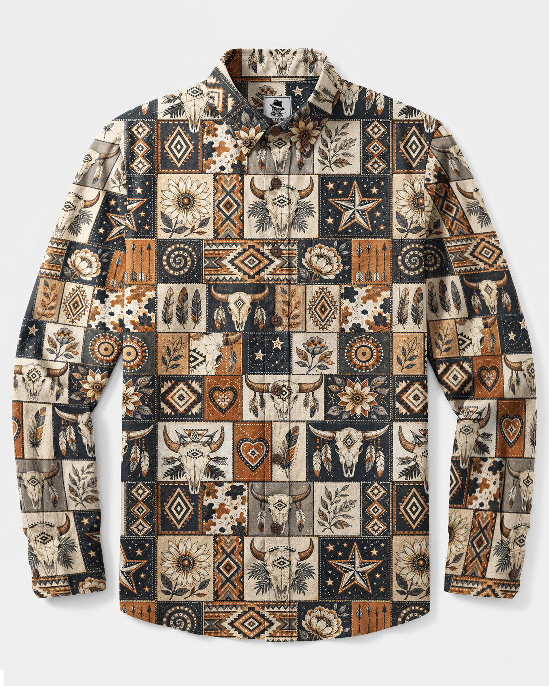 WESTERN BULL SKULL PATCHWORK LONG SLEEVE BUTTON-DOWN SHIRT - TYQY2608266