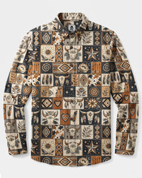 WESTERN BULL SKULL PATCHWORK LONG SLEEVE BUTTON-DOWN SHIRT - TYQY2608266