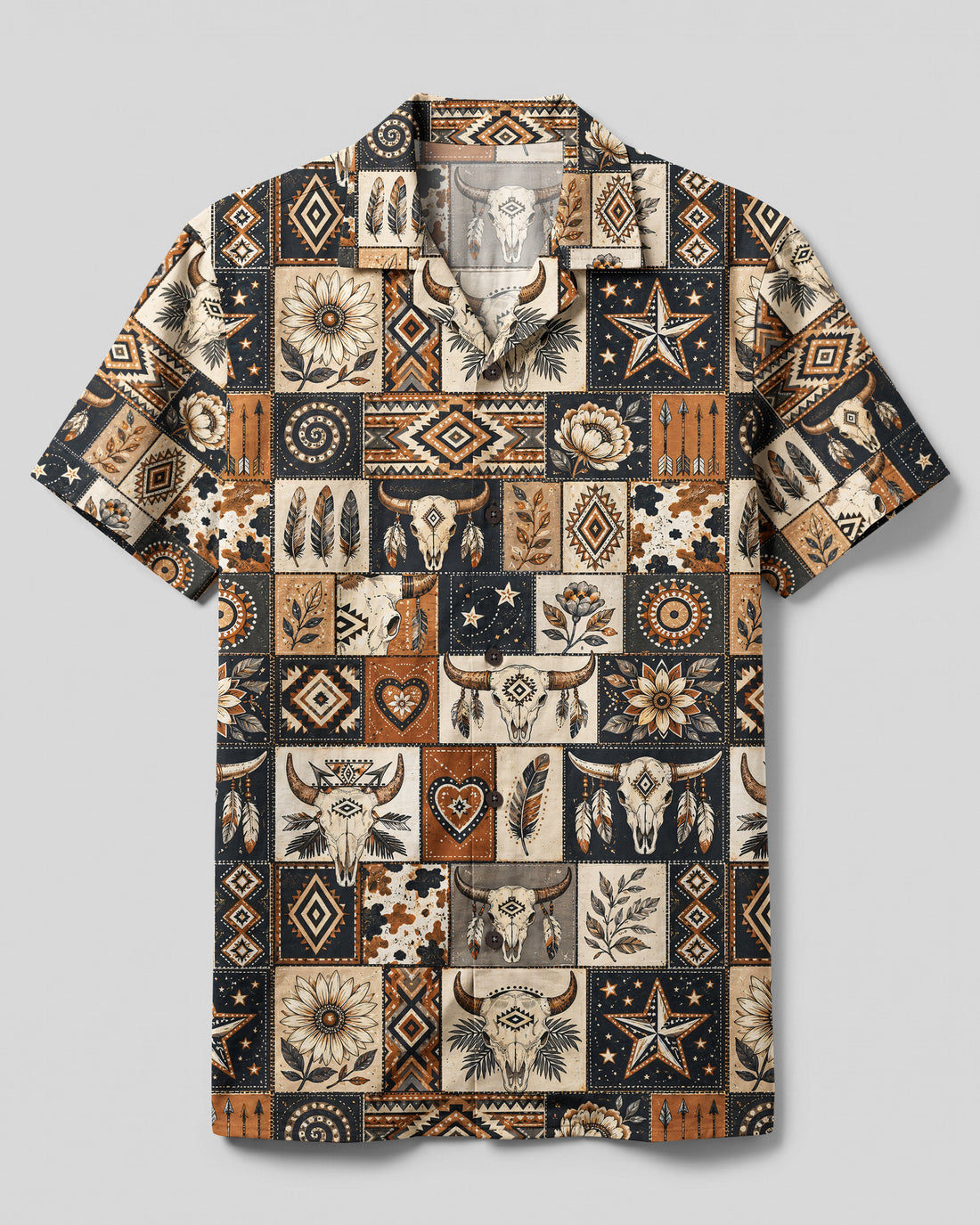 WESTERN BULL SKULL PATCHWORK CAMP SHIRT - TYQY2608265