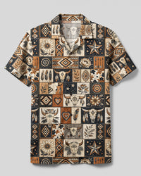 WESTERN BULL SKULL PATCHWORK CAMP SHIRT - TYQY2608265