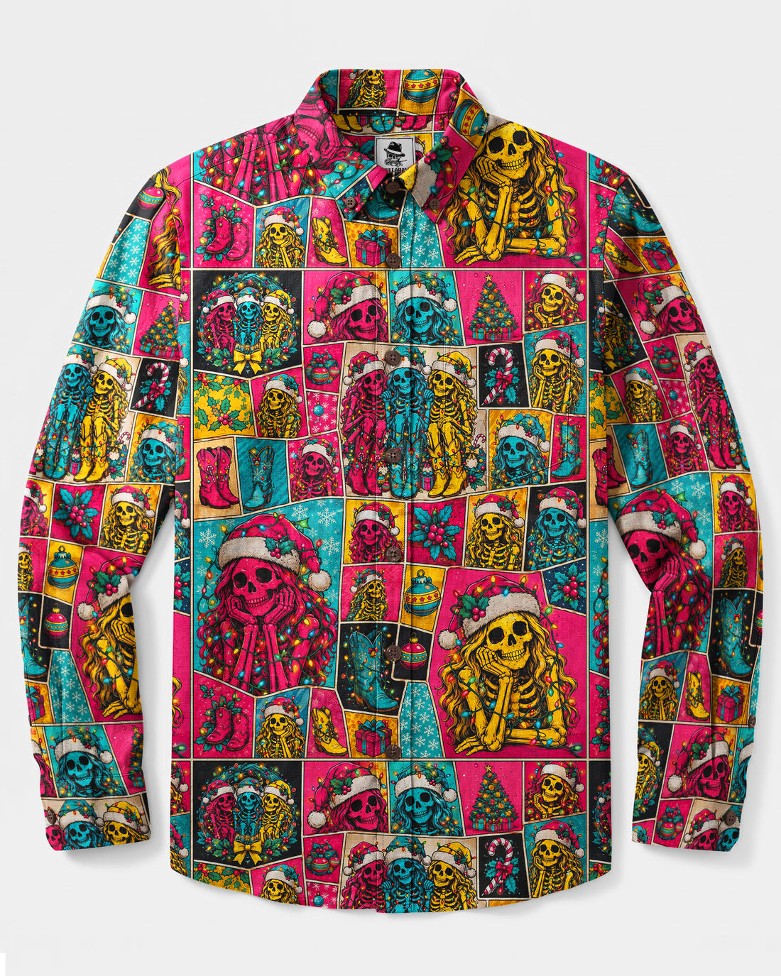 CHRISTMAS SKELETON SISTER PATCHWORK LONG SLEEVE BUTTON-DOWN SHIRT - TYQY0309263