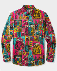 CHRISTMAS SKELETON SISTER PATCHWORK LONG SLEEVE BUTTON-DOWN SHIRT - TYQY0309263