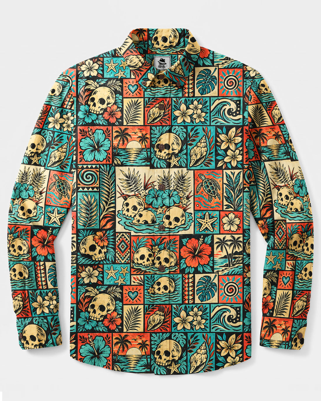 FLORAL SKULL PATCHWORK LONG SLEEVE BUTTON-DOWN SHIRT - TYQY2409263