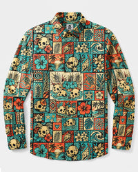 FLORAL SKULL PATCHWORK LONG SLEEVE BUTTON-DOWN SHIRT - TYQY2409263