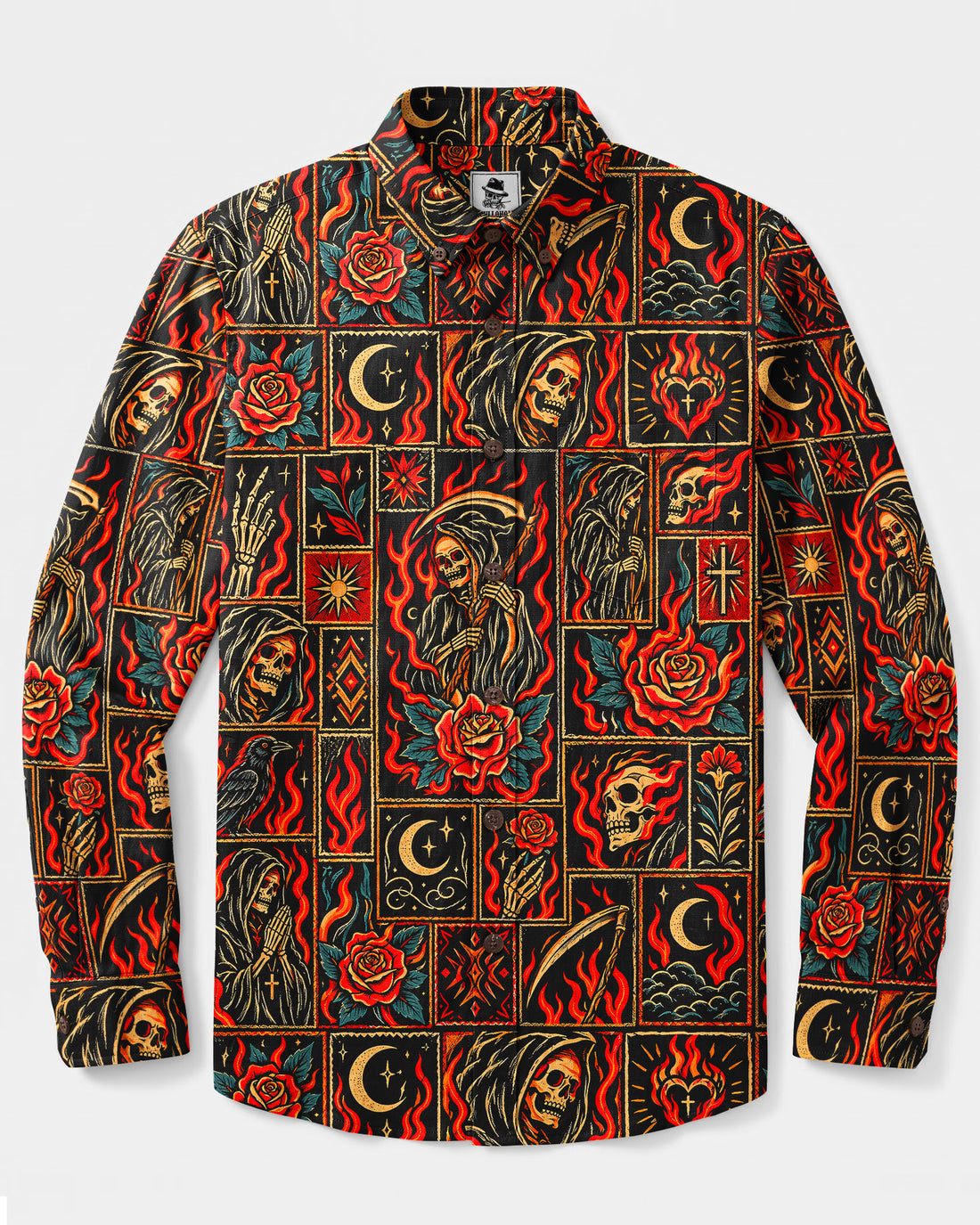 GRIM REAPER PATCHWORK LONG SLEEVE BUTTON-DOWN SHIRT - TYQY2209266