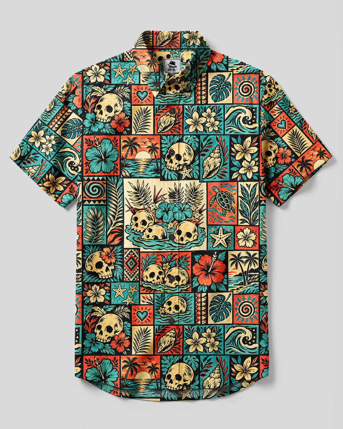 FLORAL SKULL PATCHWORK BUTTON-DOWN COLLAR SHIRT - TYQY2409261