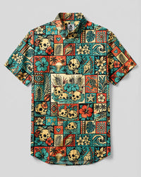 FLORAL SKULL PATCHWORK BUTTON-DOWN COLLAR SHIRT - TYQY2409261