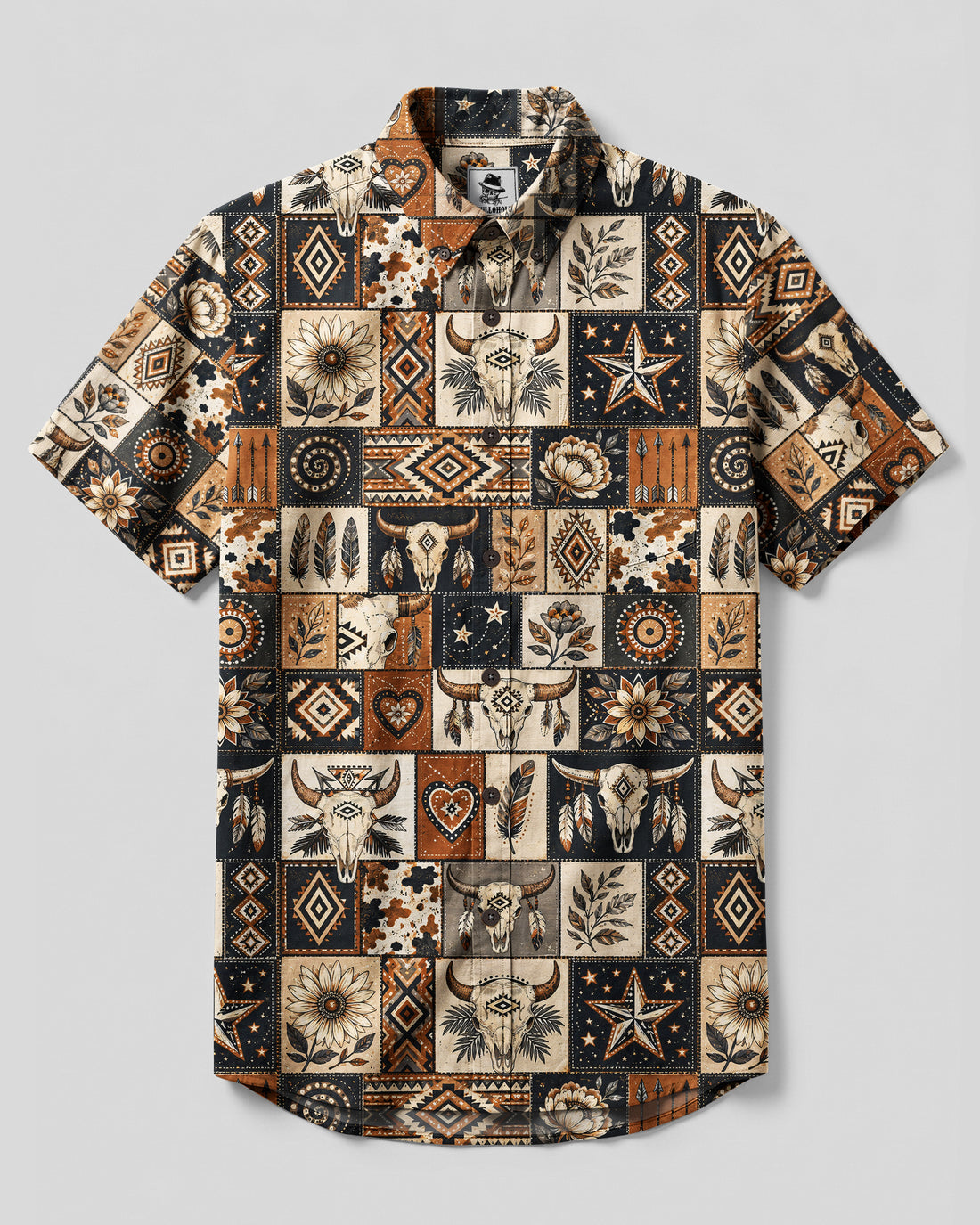 WESTERN BULL SKULL PATCHWORK BUTTON-DOWN COLLAR SHIRT - TYQY2608264