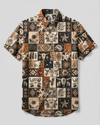 WESTERN BULL SKULL PATCHWORK BUTTON-DOWN COLLAR SHIRT - TYQY2608264