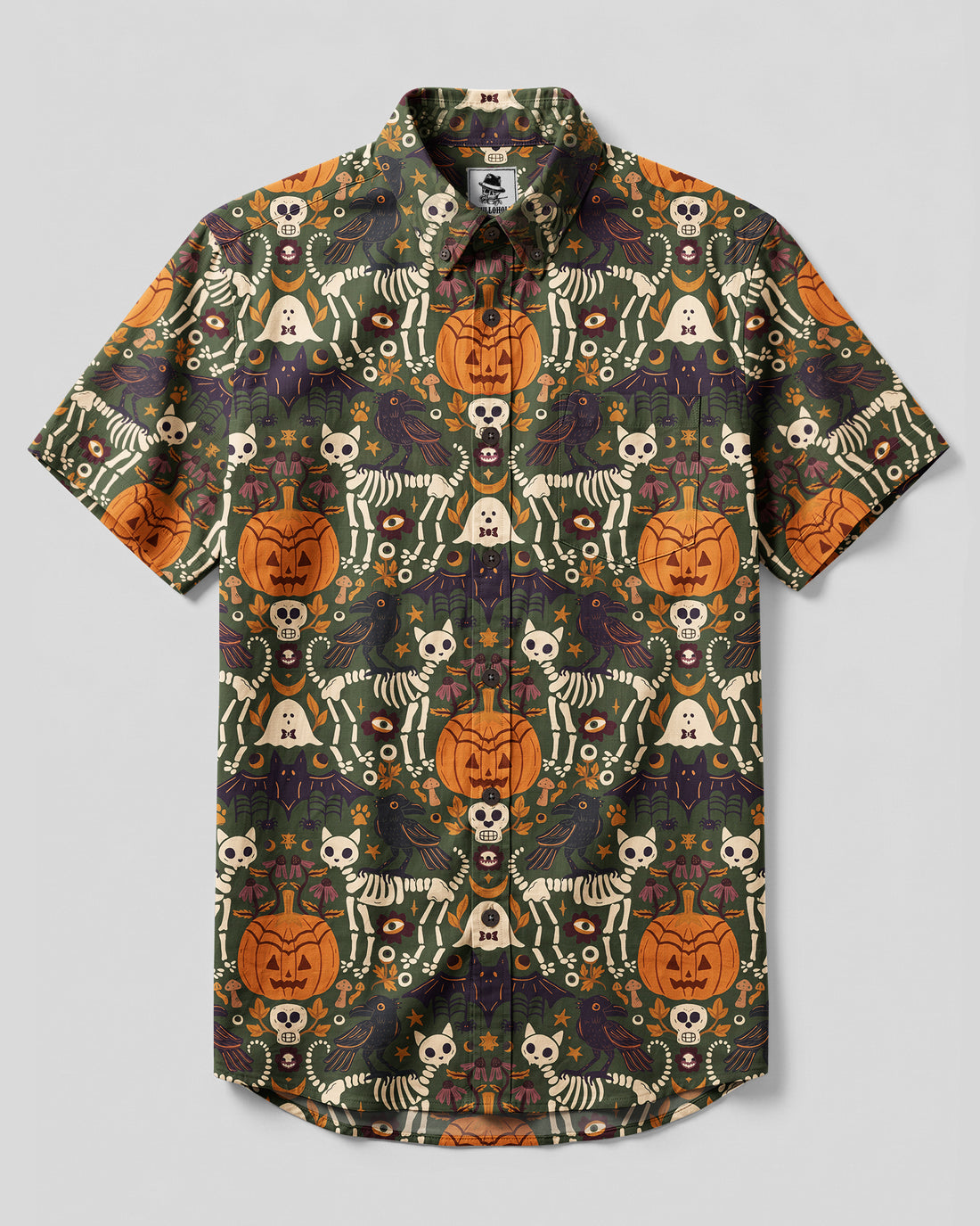 GOTHIC OLIVE SKELETON CAT AND RAVEN HALLOWEEN BUTTON-DOWN COLLAR SHIRT - TYQY2509262