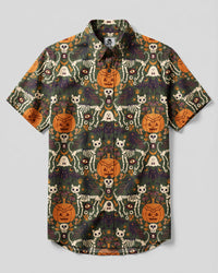 GOTHIC OLIVE SKELETON CAT AND RAVEN HALLOWEEN BUTTON-DOWN COLLAR SHIRT - TYQY2509262