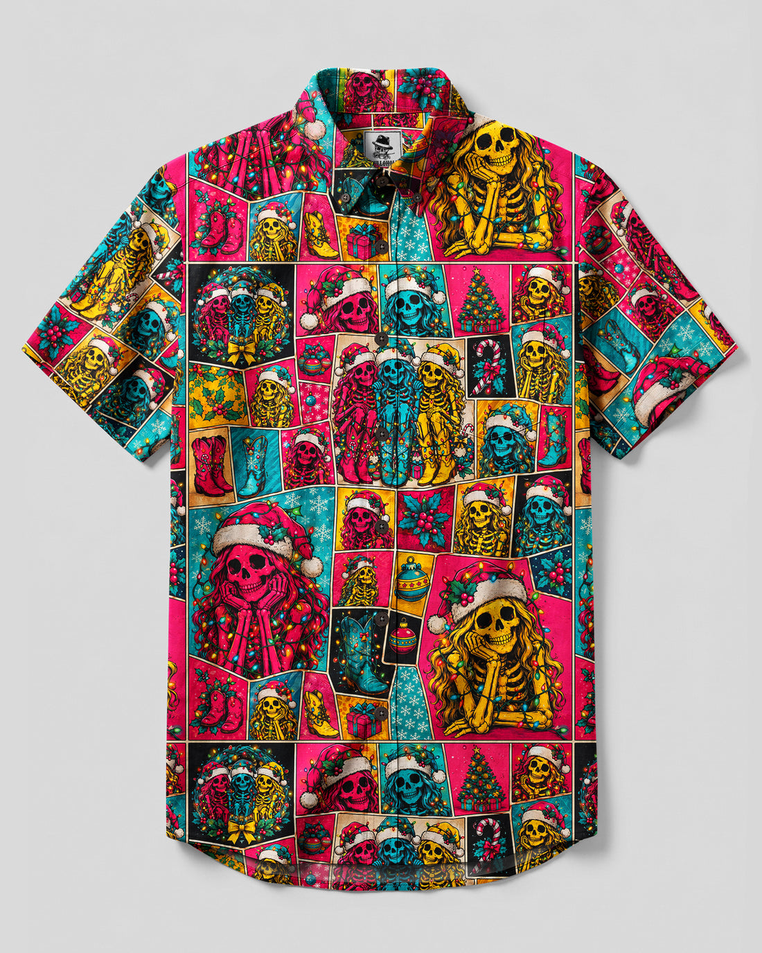 CHRISTMAS SKELETON SISTER PATCHWORK BUTTON-DOWN COLLAR SHIRT - TYQY0309261