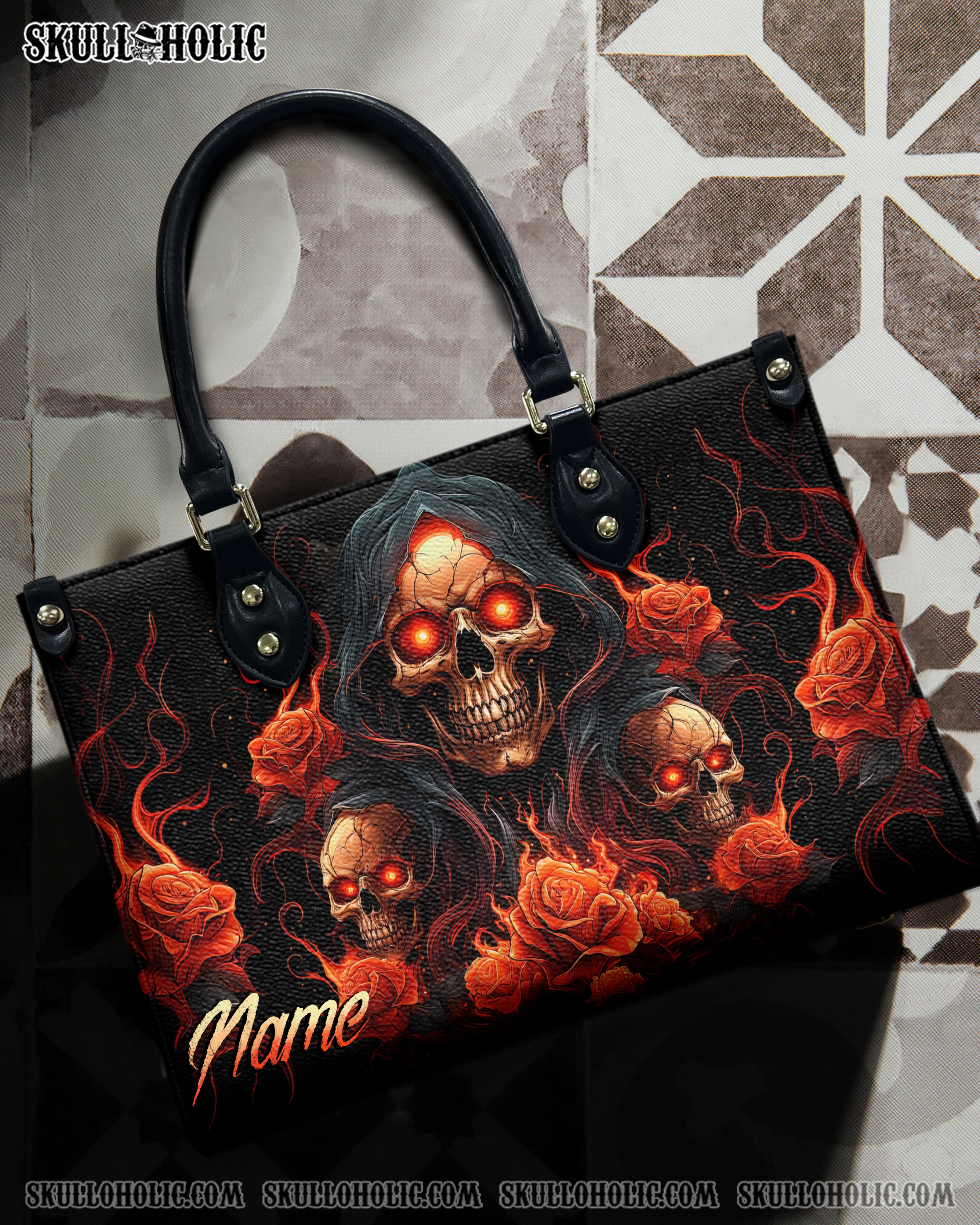 SKULL ROSES FIRE LEATHER HANDBAG - TYTD0204243