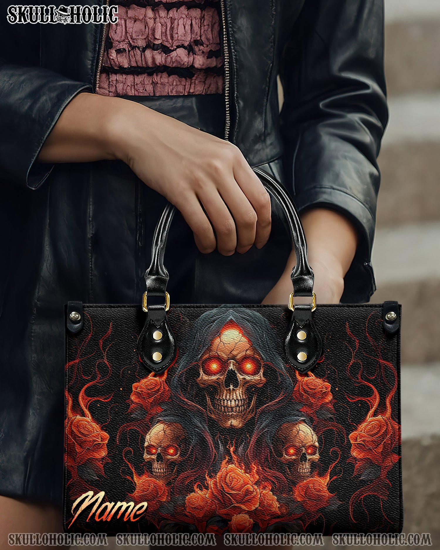 SKULL ROSES FIRE LEATHER HANDBAG - TYTD0204243