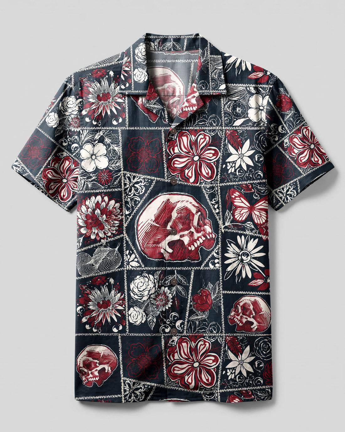TATTOOED SKULL FLORAL PATCHWORK CAMP SHIRT  - TLNT0408264