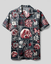 TATTOOED SKULL FLORAL PATCHWORK CAMP SHIRT  - TLNT0408264