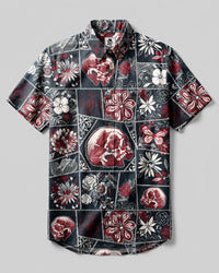 TATTOOED SKULL FLORAL PATCHWORK BUTTON-DOWN COLLAR SHIRT  - TLNT0408263