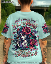 JUST A WOMAN WHO LOVES SKULL AND HAS TATTOOS ALL OVER PRINT - YHHG1507253