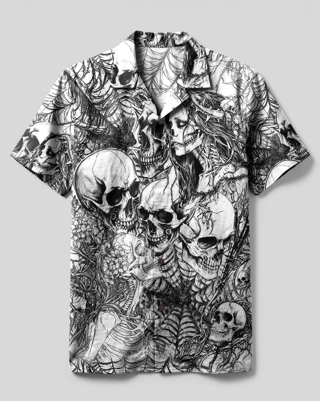HORROR SKULLS AND SPECTRAL WOMAN CAMP SHIRT - TLHG2906262