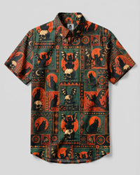 BLACK CAT SKULL MOON PATCHWORK BUTTON-DOWN COLLAR SHIRT - TLHN0409261