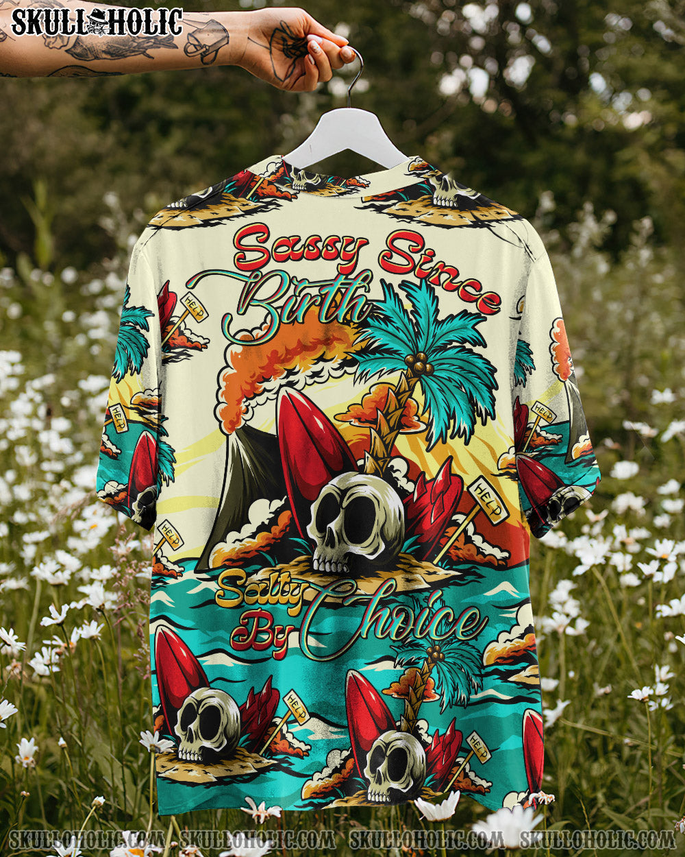 SASSY SINCE BIRTH SALTY BY CHOICE SKULL HEAD BEACH HAWAIIAN SHIRT - TLTR2305231