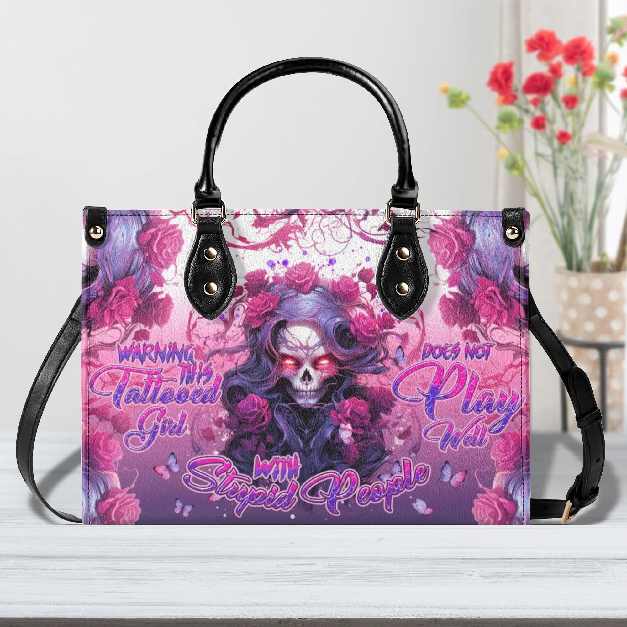 WARNING THIS TATTOOED GIRL ROSE SKULL LEATHER HANDBAG - TLNT0606245