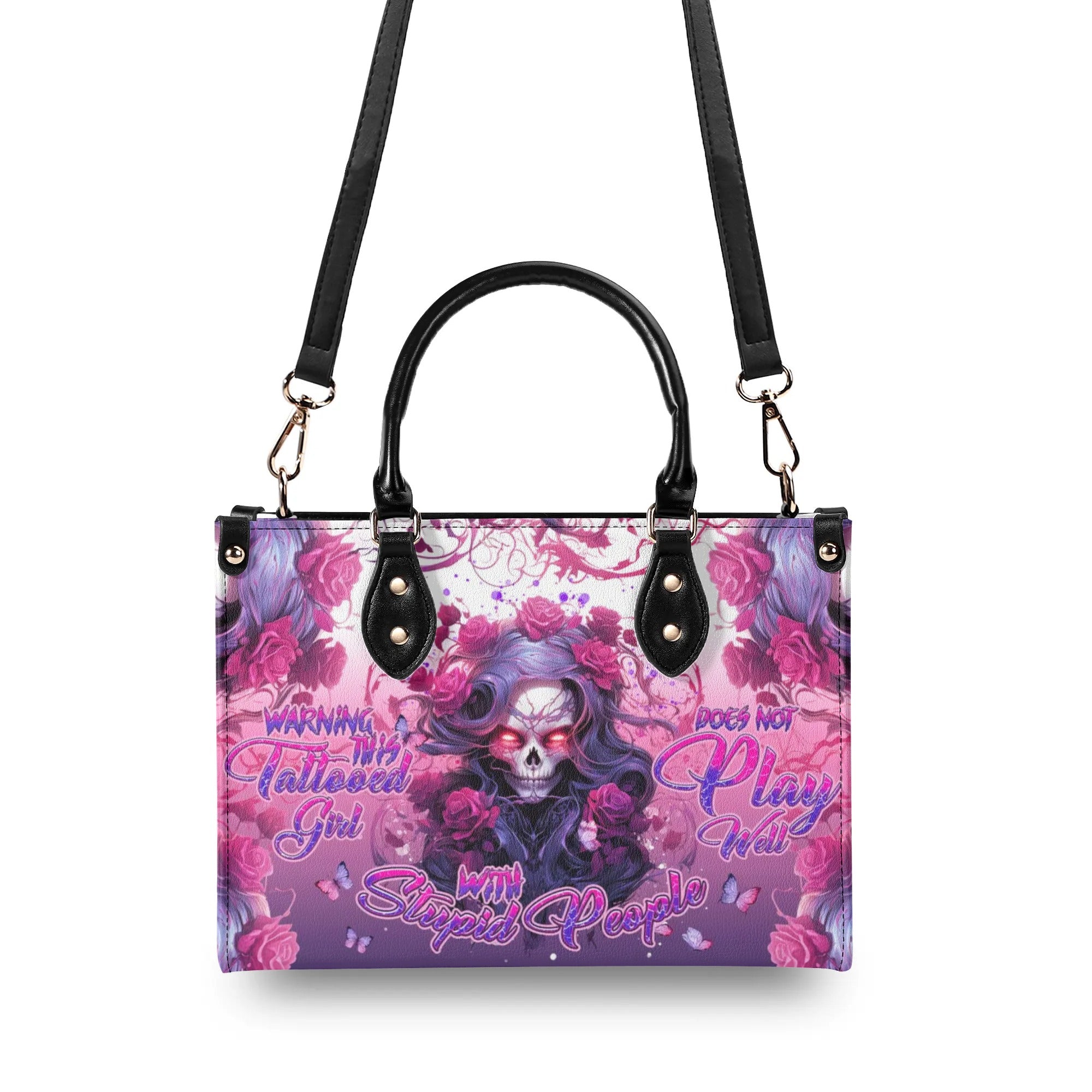 WARNING THIS TATTOOED GIRL ROSE SKULL LEATHER HANDBAG - TLNT0606245