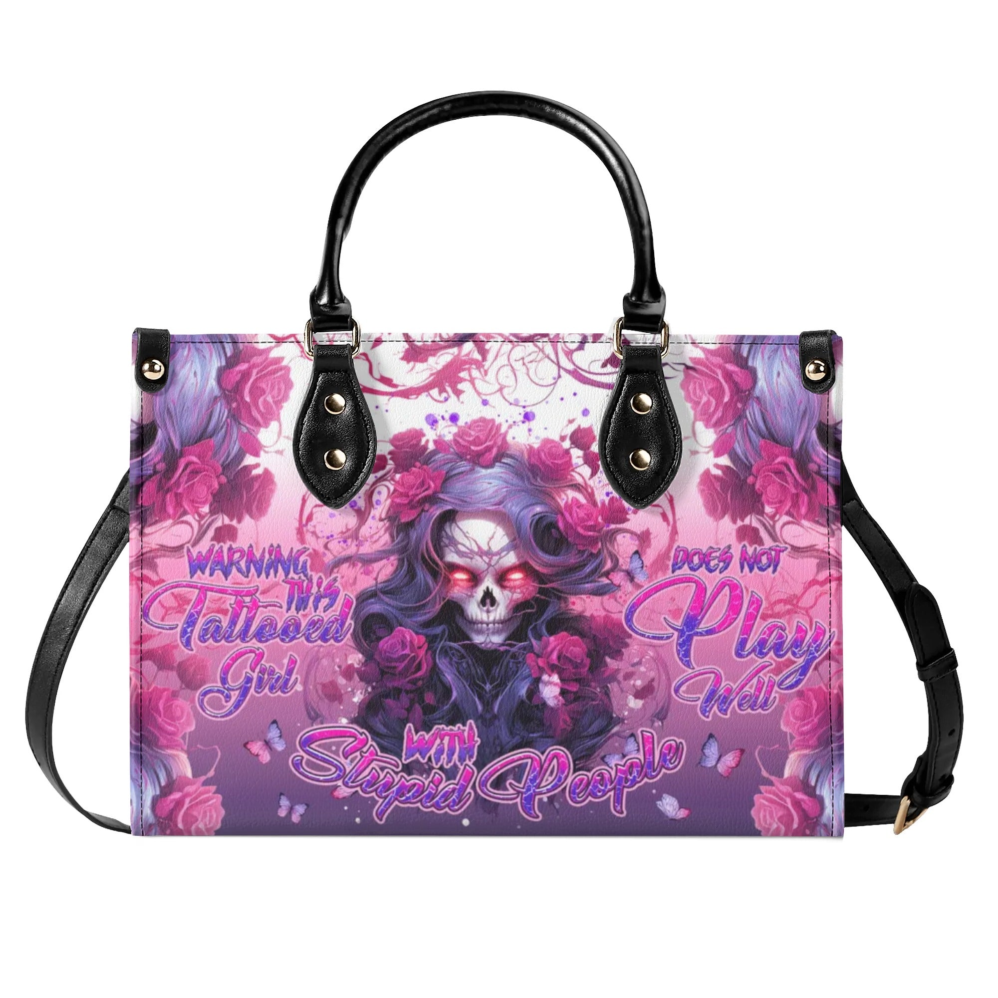 WARNING THIS TATTOOED GIRL ROSE SKULL LEATHER HANDBAG - TLNT0606245