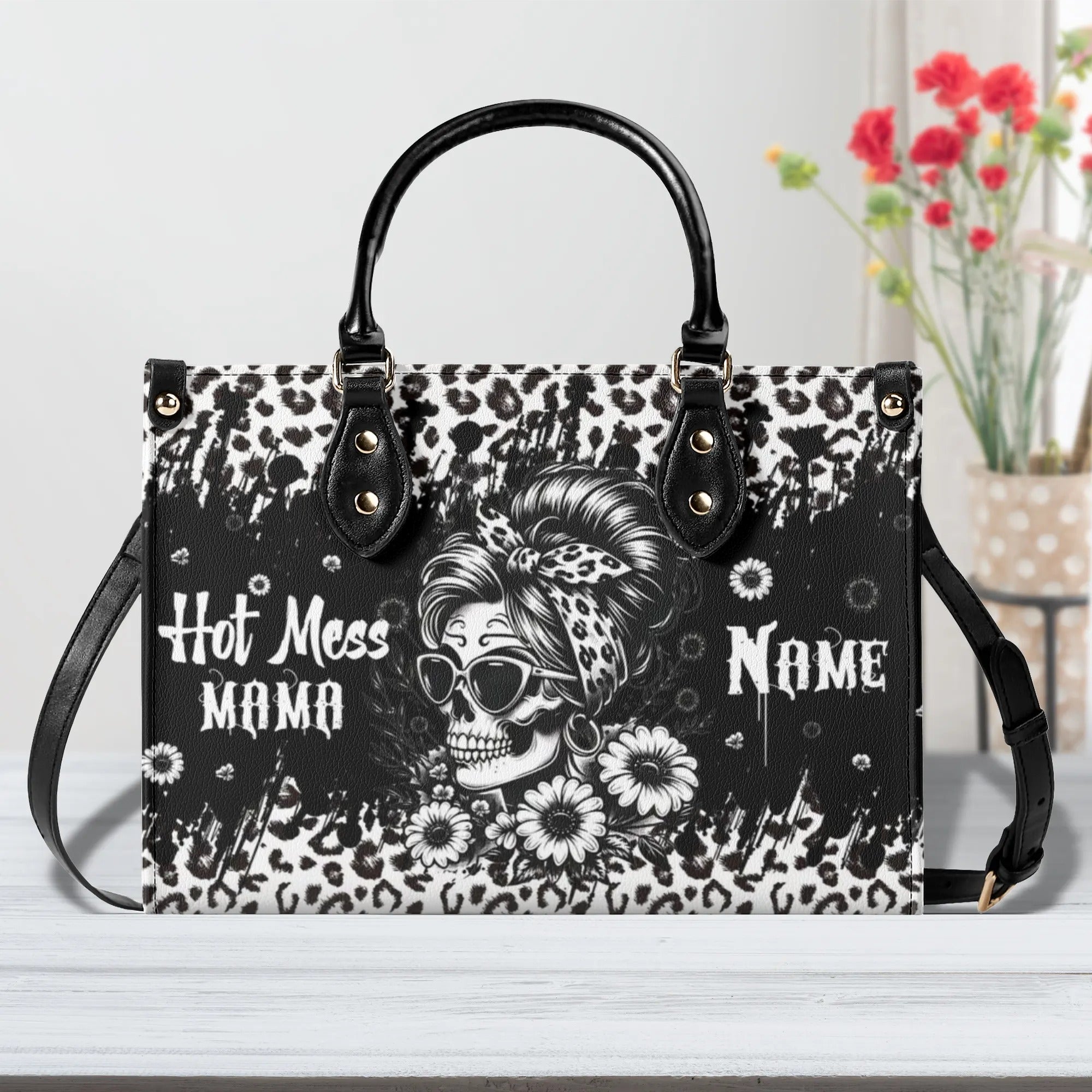 HOT MESS MAMA SKULL MESSY BUN LEOPARD LEATHER HANDBAG - TLPQ0108244