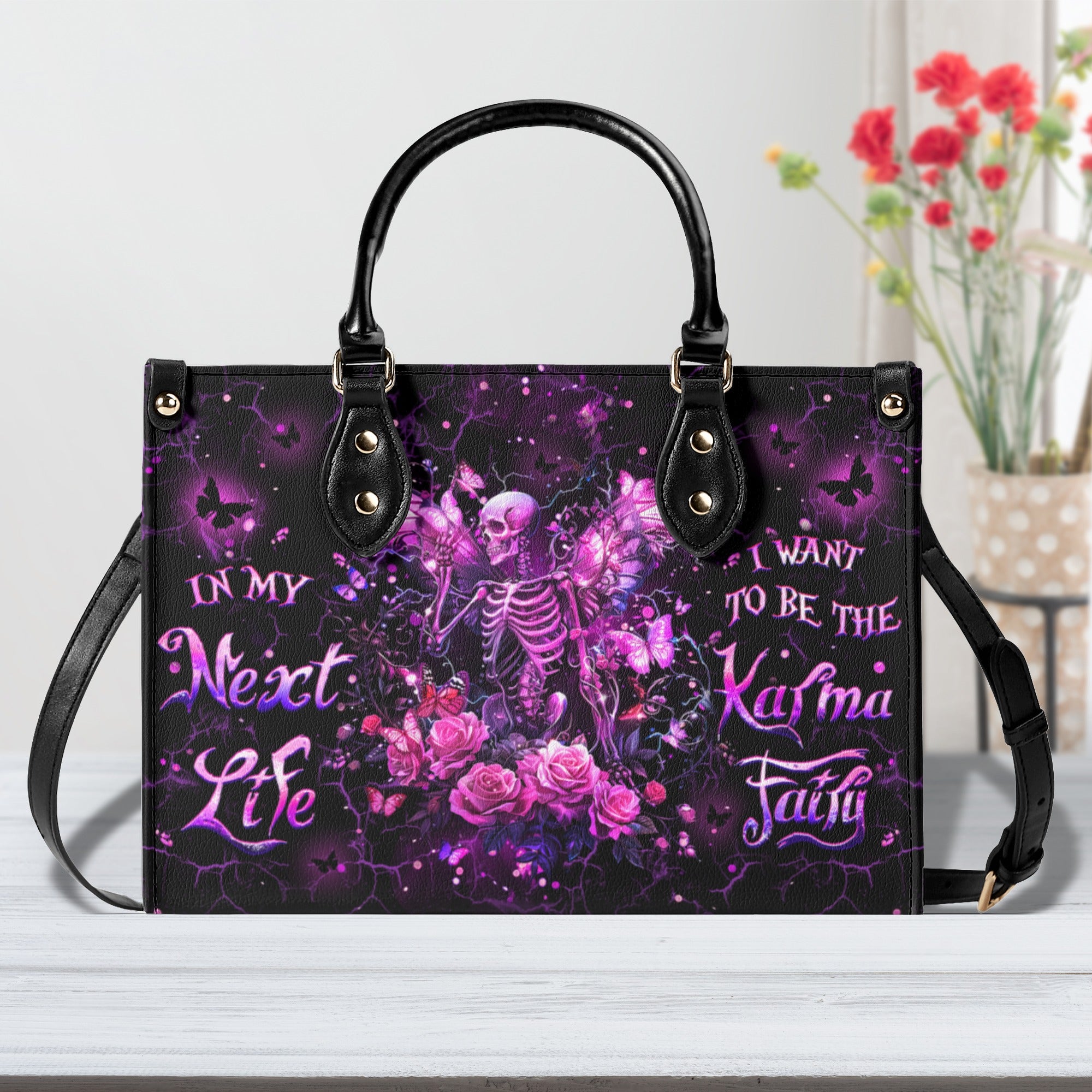 KARMA FAIRY SKULL SKELETON ROSE LEATHER HANDBAG - YHHG0111244