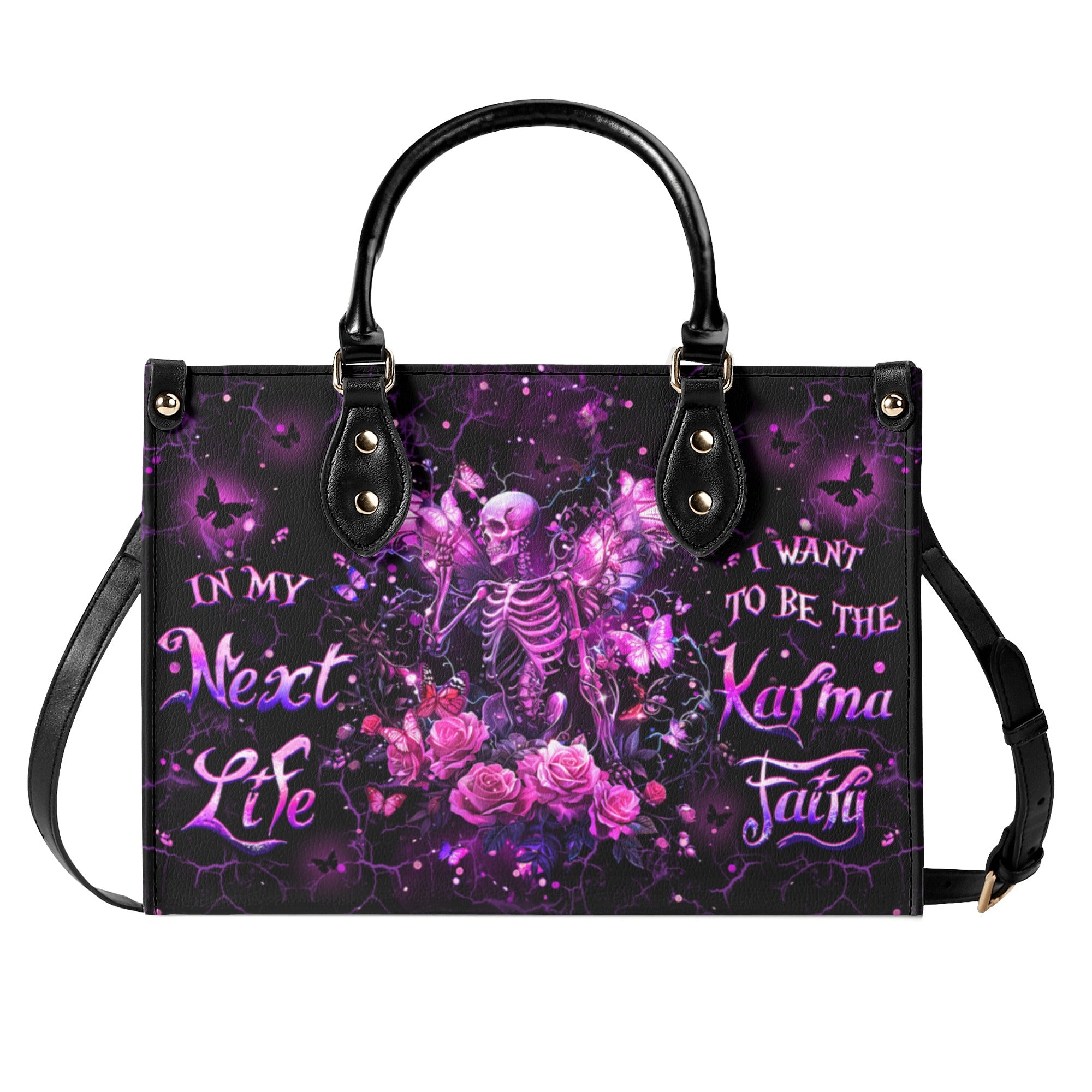 KARMA FAIRY SKULL SKELETON ROSE LEATHER HANDBAG - YHHG0111244