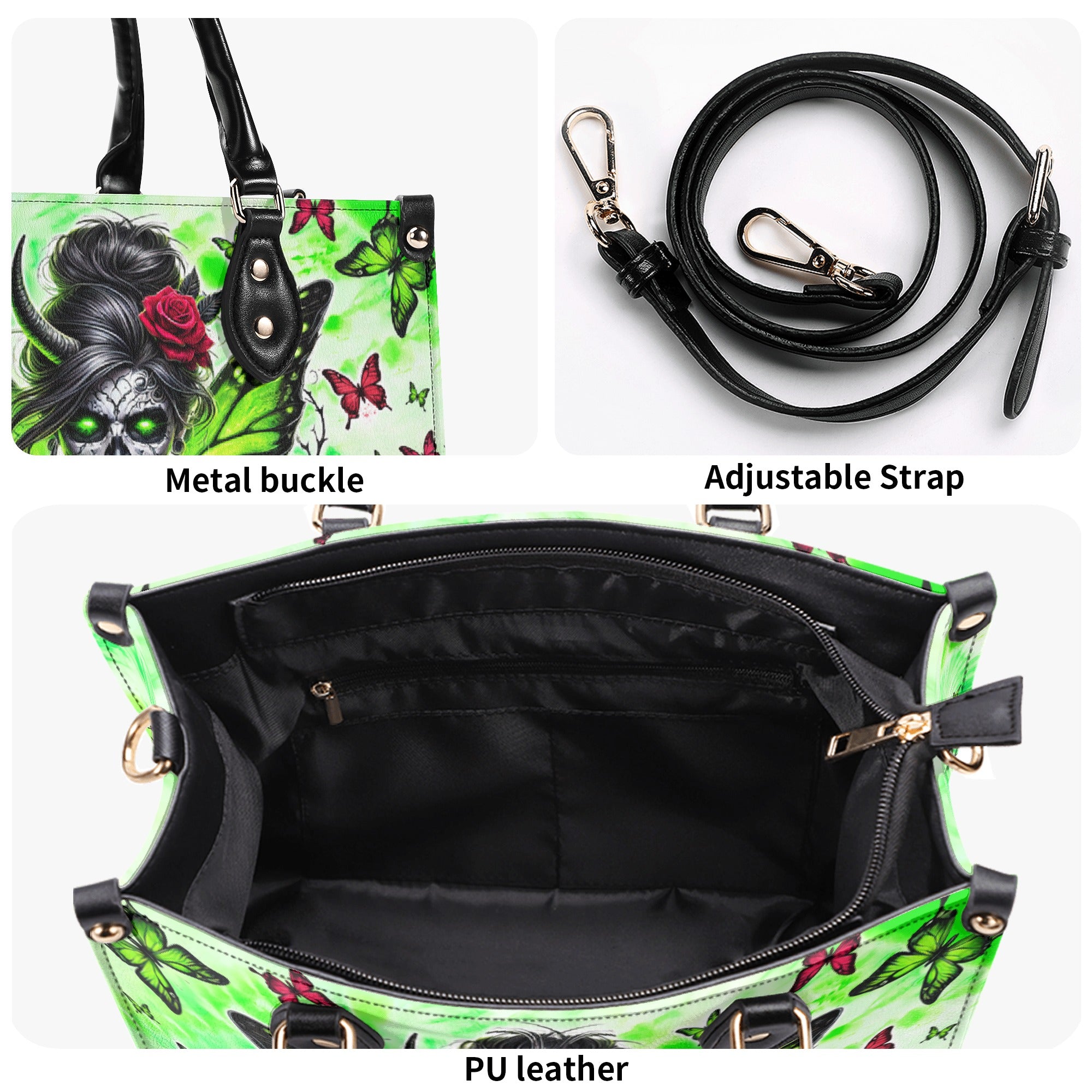 PERSONALIZED SKULL MESSY BUN WITH BUTTERFLY LEATHER HANDBAG  - TLTW0503251