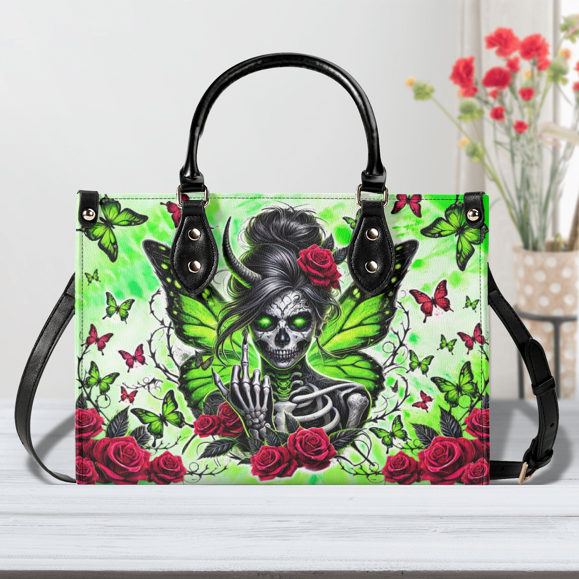 PERSONALIZED SKULL MESSY BUN WITH BUTTERFLY LEATHER HANDBAG  - TLTW0503251